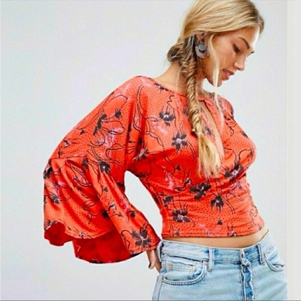 Free People Last Time Orange Print Surplice Bell Sleeve Crop Top - Picture 2 of 6